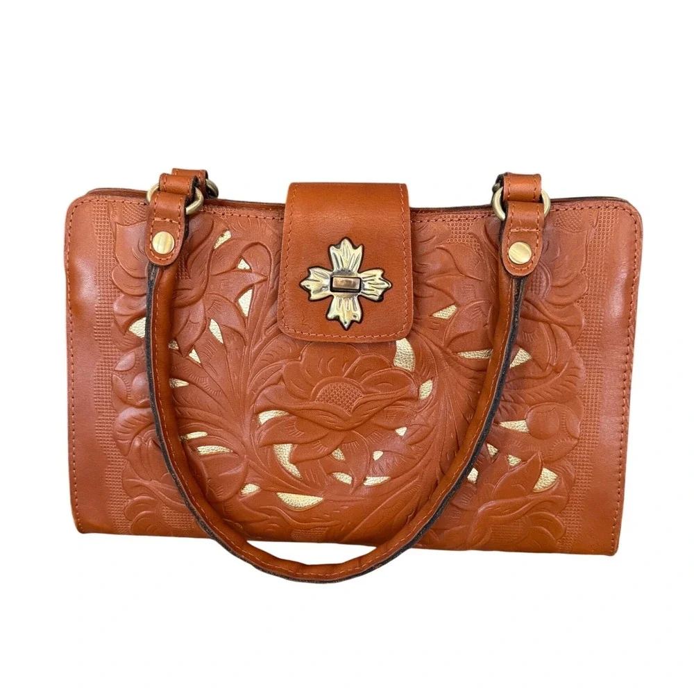 Patricia Nash Tan Tooled Leather Floral Handbag Gold Underlay Cross Turn-Lock